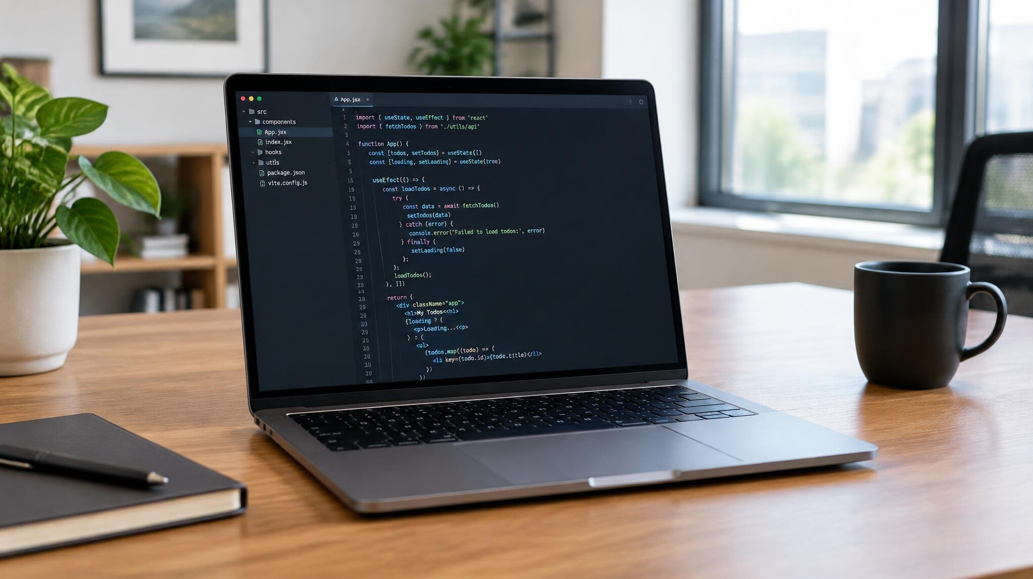 Laptop with code on screen on a wooden desk